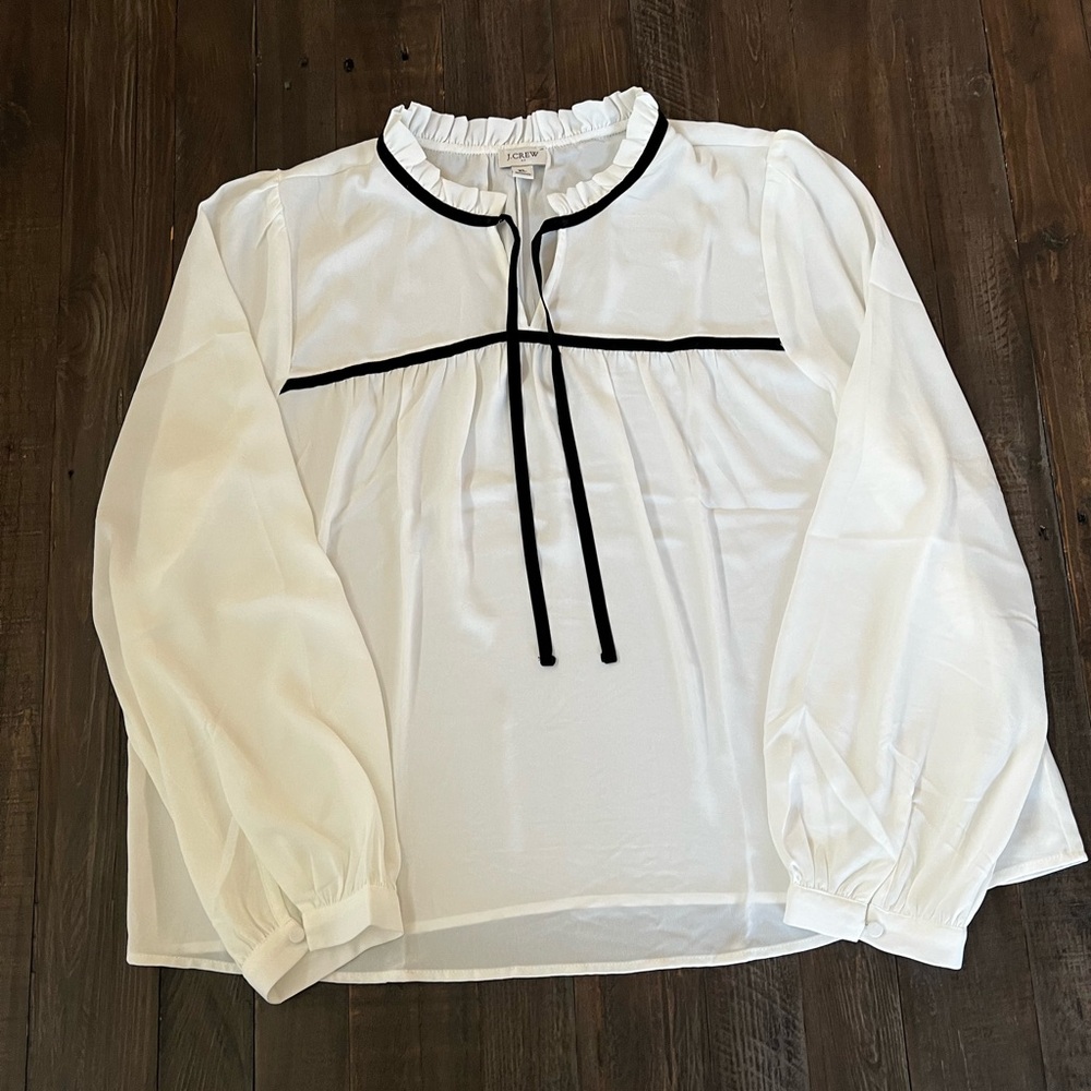 J Crew Factory white blouse with black velvet tie detail